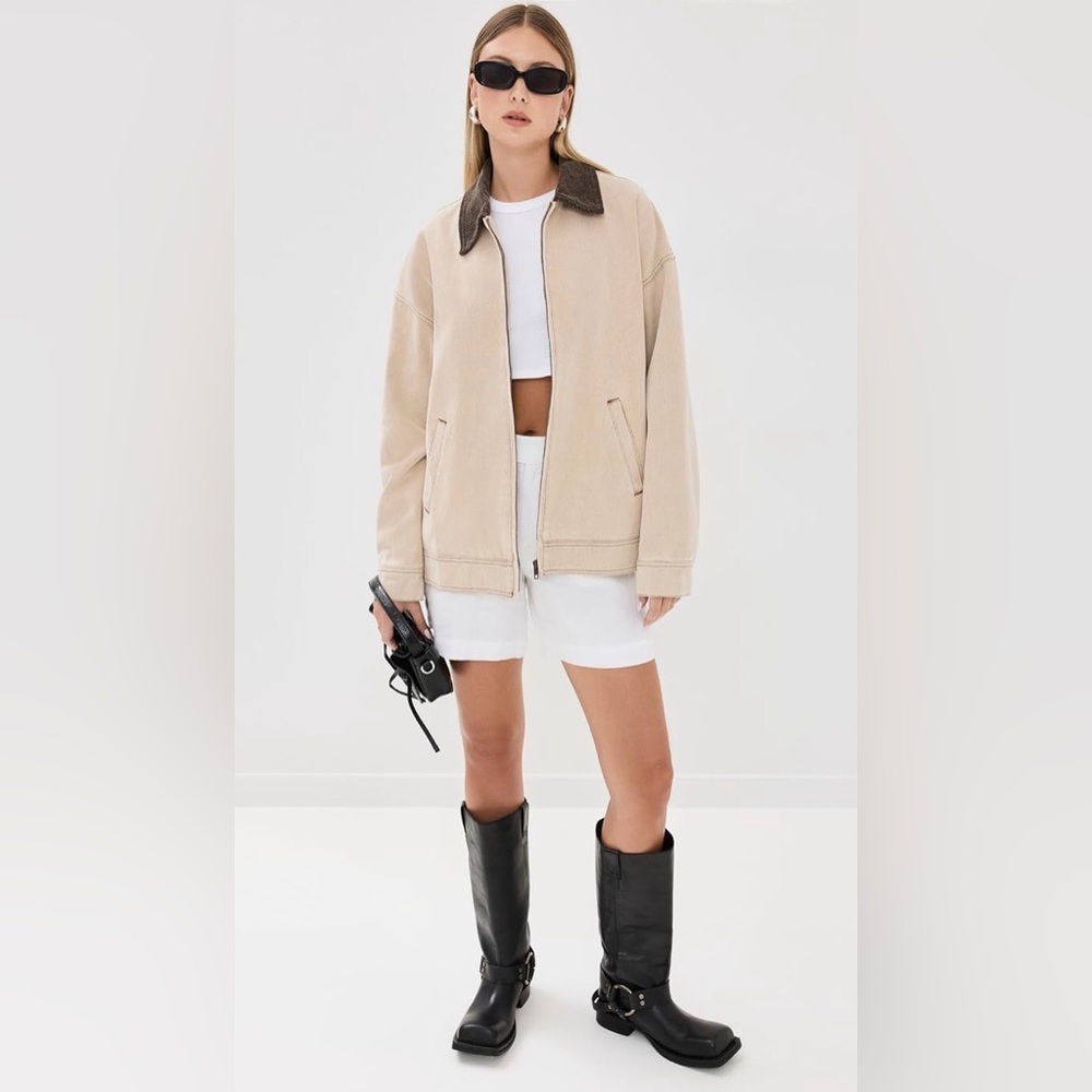 NWT Lioness Neutral Zip Bomber Jacket in Beige with Dark Collar.